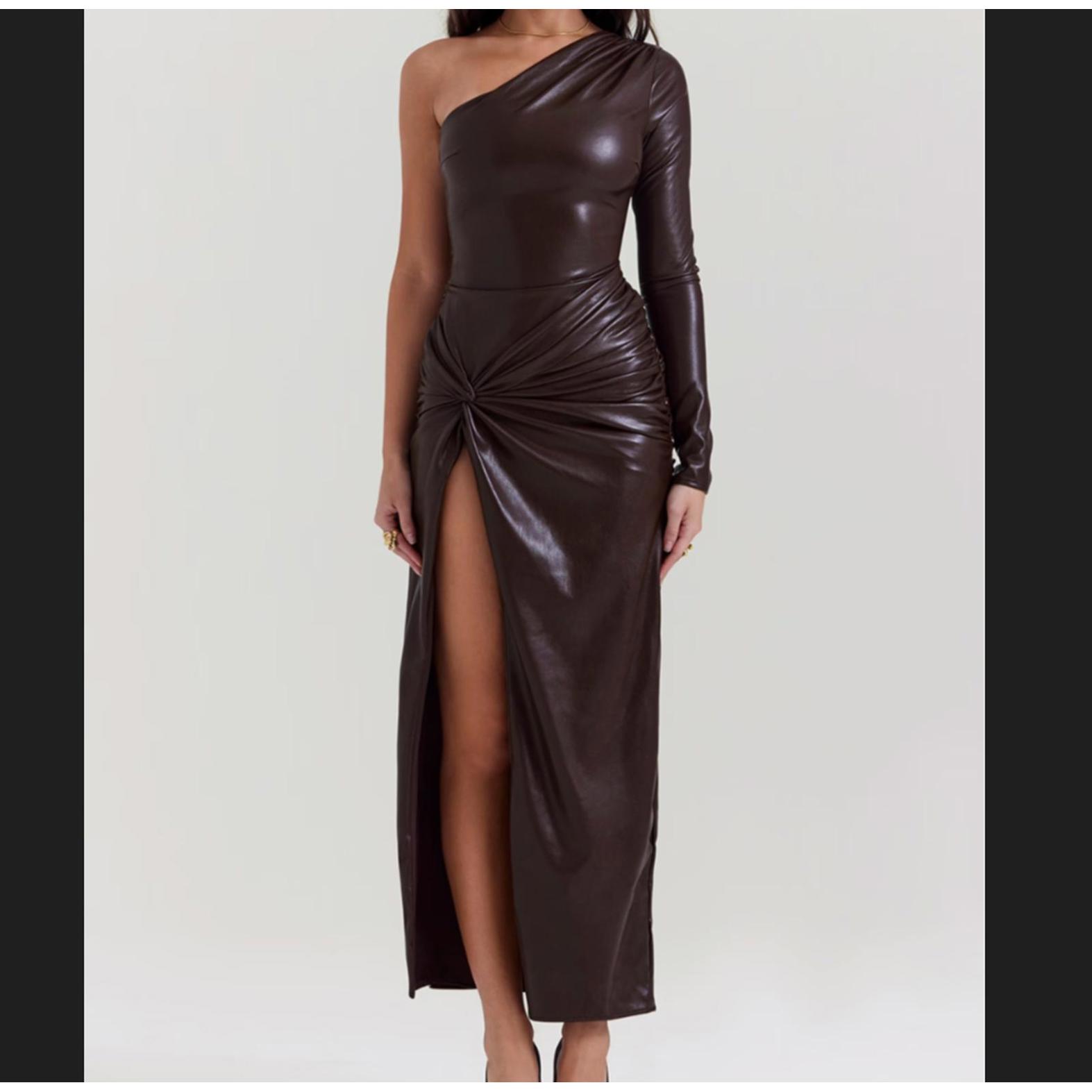 House Of Cb Octavia Brown Leather One Shoulder Maxi Dress Sz S